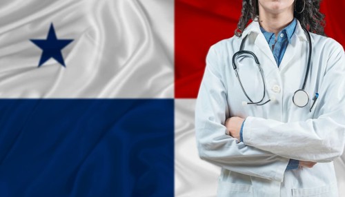 Medical professional on Panamanian flag. Healthcare and wellness in Panama, Concept