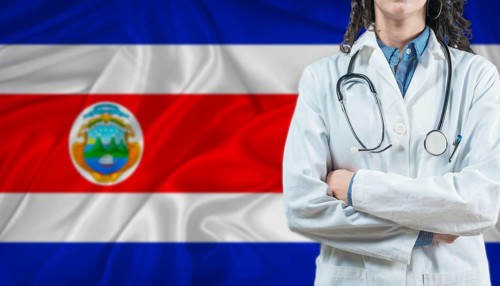 Medical professional on Costa Rican flag. Healthcare and wellness in Costa Rica, Concept