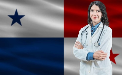 Panamanian medicine and healthcare concept. Close up of doctor against Panama flag background