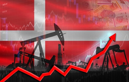 Oil production with Denmark flag, petrol industry. Oil pumps with Denmark flag