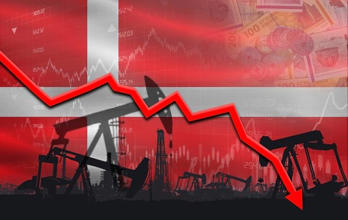 Oil crisis with Denmark flag on financial graph. Fall oil price with flag of Denmark on economic