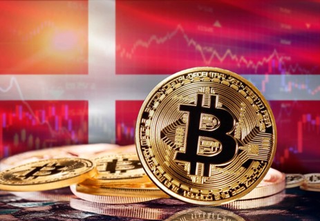 Bitcoin with Denmark flag in the background. Investors in cryptocurrency and Blockchain Technology