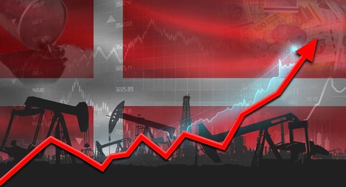 Oil pumps with Denmark flag. Oil production with Denmark flag, petrol industry