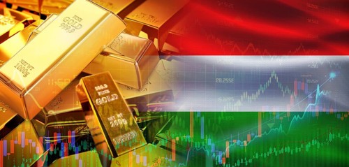 Gold bars stacked on Hungarian flag. Hungary gold reserves, Concept