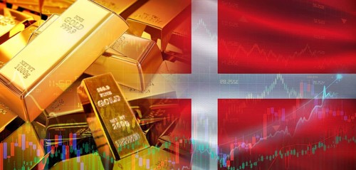 Gold bars stacked on Danish flag. Denmark gold reserves, Concept