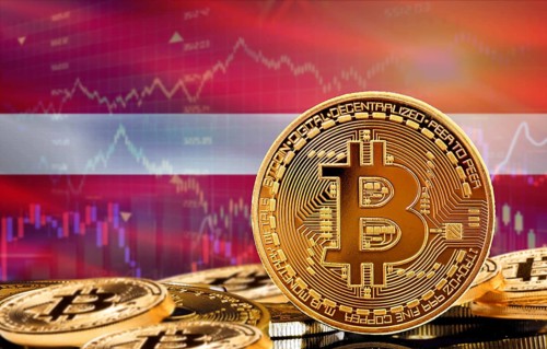 Investors in cryptocurrency and Blockchain Technology in Latvia, Concept. Bitcoin with Latvia flag