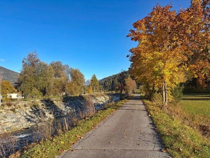 Autumn trail along a river, lined with colorful trees, Drau cycle path, Drava, South Tyrol, Italy
