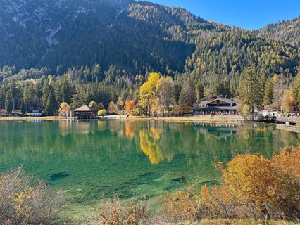 Calm lake with colorful autumn leaves and mountains in the background, Lake Toblach, Lake Dobbiaco,