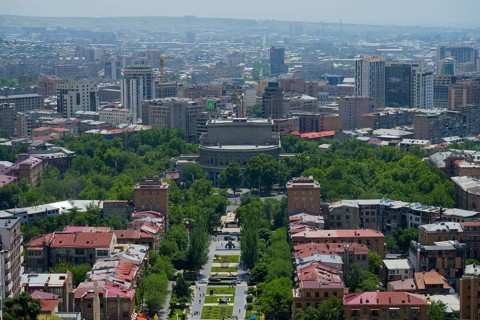 View of a green city with high building density and individual parks, view of Yerevan, Yerevan,