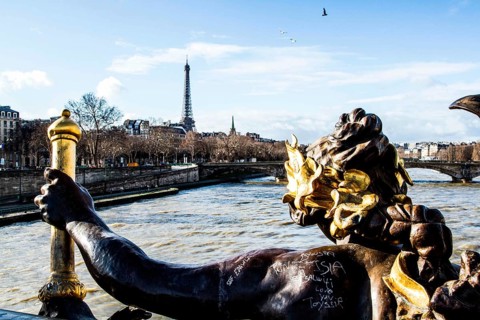 Detail of Pont Alexandre III (Alexandre III Bridge) and Eiffel Tower in the background. Paris,