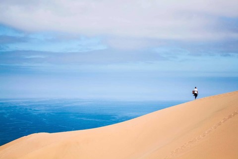 Sandboarder in Alto los Verdes, in Atacama Desert. Iquique, Tarapaca Region, Chile. 19.11.15
