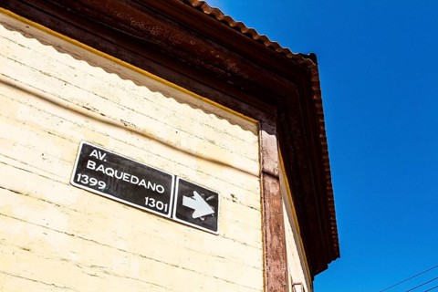 Urban sign at Baquedano Street (Calle Baquedano). Iquique, Tarapaca Region, Chile