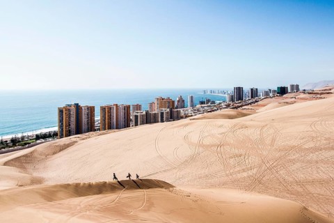 Iquique viewed from Cerro Dragon, a sand dune located next to the city. Iquique, Tarapaca Region,