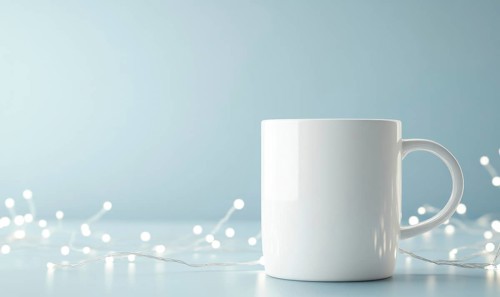 A white coffee cup sits on a table with a blue background. The cup is empty and the table is