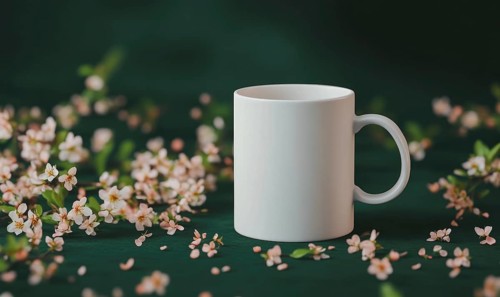 A white coffee cup sits on a table with pink flowers. The cup is empty and the flowers are