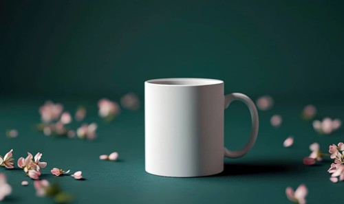 A white coffee cup sits on a green table with pink flowers scattered around it. The cup is empty,