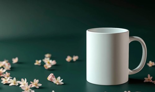 A white coffee cup sits on a green table with pink flowers scattered around it. Concept of calm and