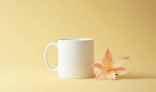 A white coffee cup sits on a yellow background with a pink flower next to it. Concept of calm and
