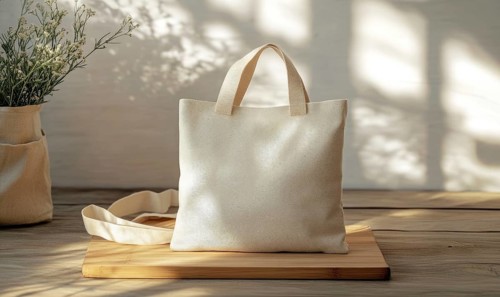 A white bag with a handle sits on a wooden table. The bag is placed in front of a vase of flowers.