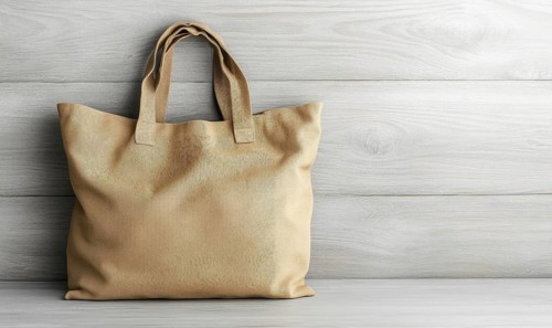 A tan bag with a brown handle sits on a wooden surface. The bag is open and the handle is visible.
