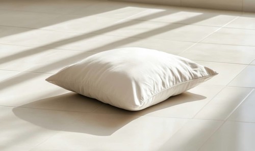 A white pillow is laying on a tile floor. The pillow is small and white, and it is laying on its