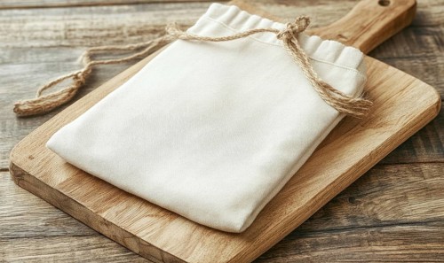 A white cloth bag is tied to a wooden cutting board. The bag is empty and the cutting board is made