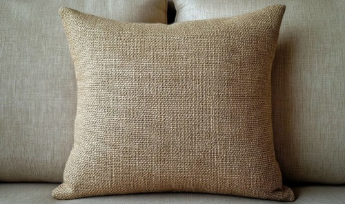 A tan pillow with a brown and white pattern sits on a couch. The pillow is the main focus of the