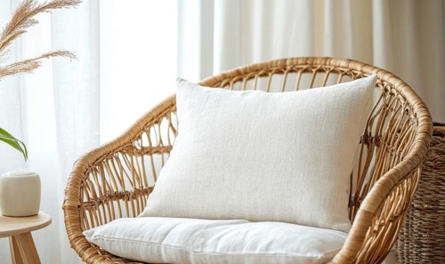A white pillow sits on a wicker chair in front of a window. The chair is made of bamboo and the
