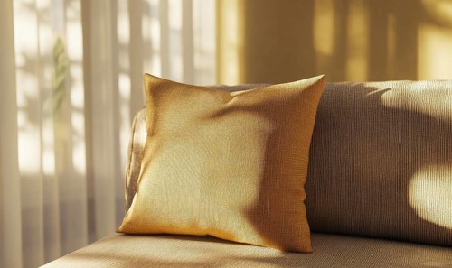 A pillow with a pattern on it is sitting on a couch. The couch is in a room with a window, and the