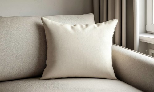 Minimalistic beige sofa with a soft cushion in a neutral, cozy setting. AI generated