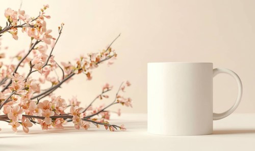 A white coffee cup sits on a table next to a bunch of pink flowers. The cup is empty and the