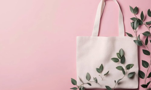 A white bag with green leaves on it is on a pink background. The bag is the main focus of the