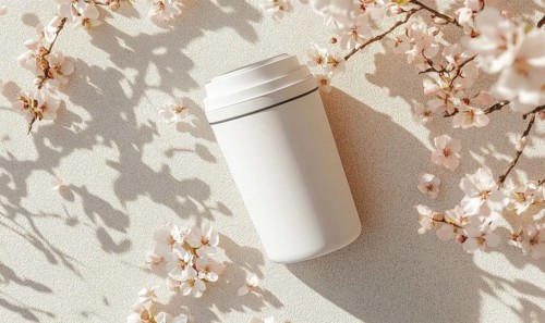 A white cup is sitting on a table next to a bunch of pink flowers. The cup is empty and the flowers