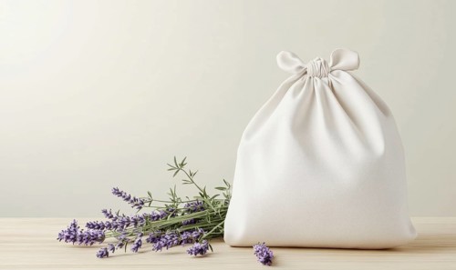 A white bag with a purple flower on it sits on a table. The bag is tied with a string and is placed