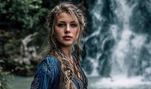 A woman with long hair stands in front of a waterfall. She is wearing a blue dress and has her hair