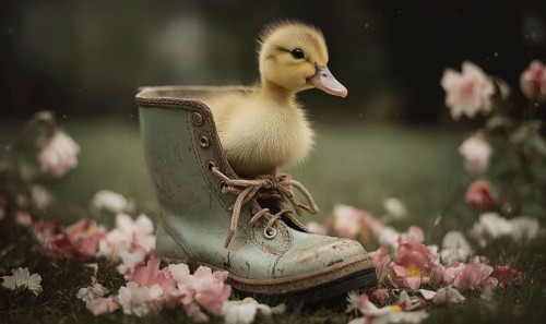 A baby duck is sitting on a blue shoe. The shoe is on a bed of pink flowers. AI generated