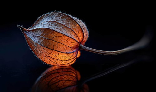 A leaf with a stem is shown in a black background. The leaf is orange and has a shiny, wet