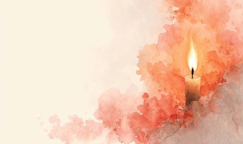 A candle is lit in a painting with a background of red and white. The candle is the main focus of