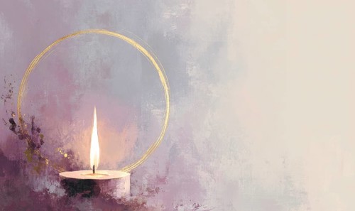 A candle is lit in a circle on a purple background. The candle is surrounded by a golden circle.