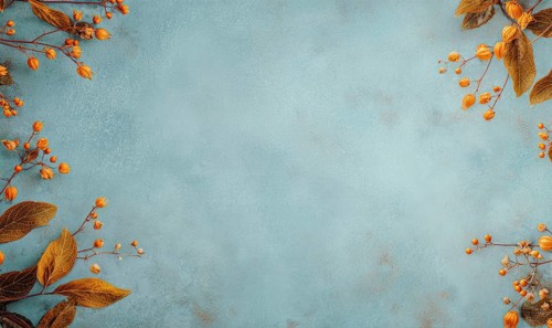 A blue background with orange flowers and leaves. The flowers are scattered around the background