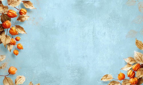 A blue background with orange leaves and fruits. The background is blue and the leaves and fruits