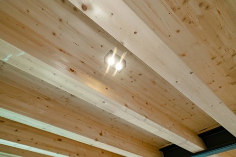 Detail of wooden beam ceiling with glowing spot and natural grain, house renovation, energy