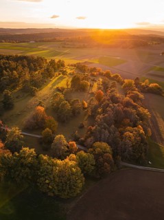 Aerial view of autumn landscape with bright colors at sunset, Venusberg, Aidlingen, Germany