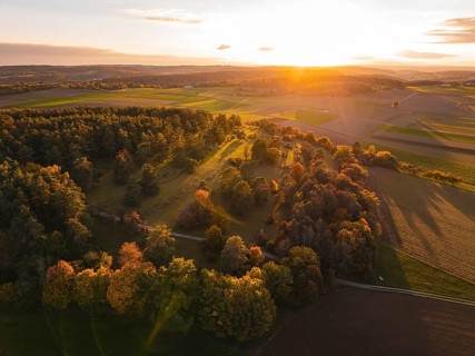 Autumn forest and fields in warm evening light, seen from the air, Venusberg, Aidlingen, Germany