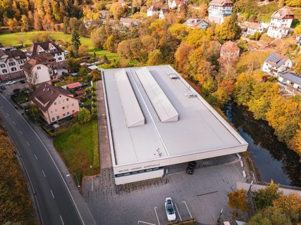 Sports hall in autumn surroundings with colorful trees and adjacent street, Walter Lindner