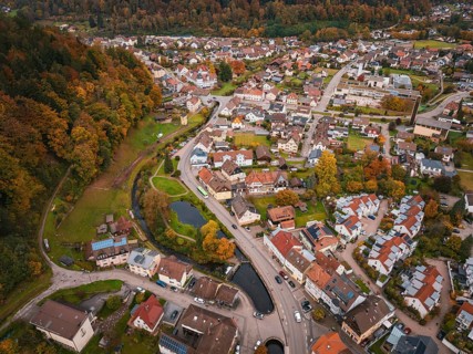 Drone view of an urban landscape with park and watercourse in picturesque autumn scenery, Calmbach,