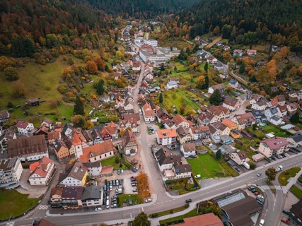 Top view of a small town nestled in autumn mountain landscape with roads and meadows, Calmbach, Bad