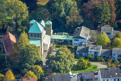 Aerial view, St. Lucius Catholic Church, Werden, Essen, Ruhr region, North Rhine-Westphalia,