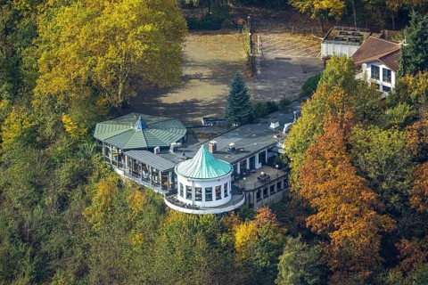 Aerial view, Villa Vue restaurant and round bay window in autumn forest, Bredeney, Essen, Ruhr