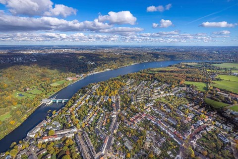 Aerial view, residential area town view Werden am Lake Baldeney with dam RWE hydroelectric power